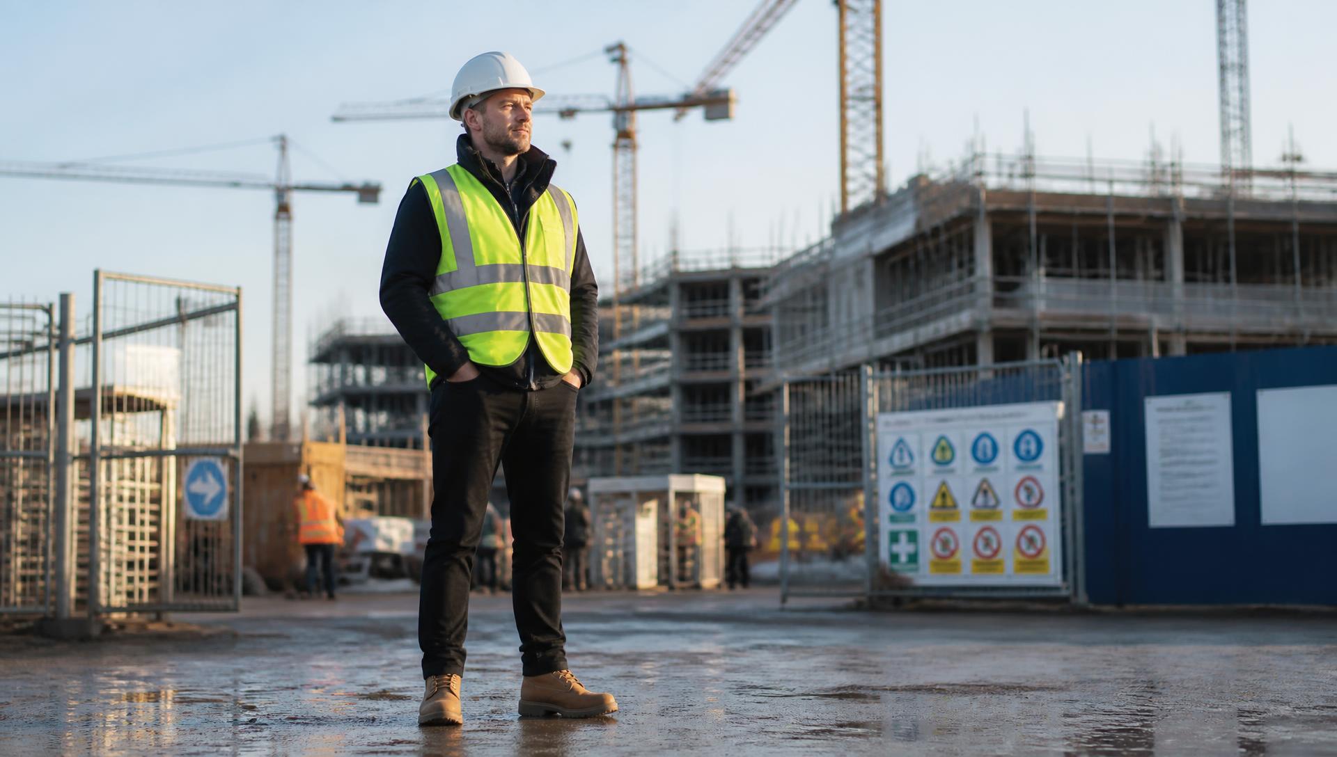 Active UK commercial construction site with high-vis site team and composite safety entrance boards at the gate